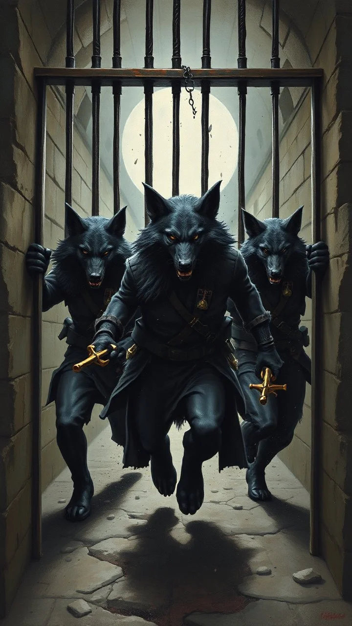 Bosch painting style , three black wolfs men destroyed the prison bars and gate and escaped run free