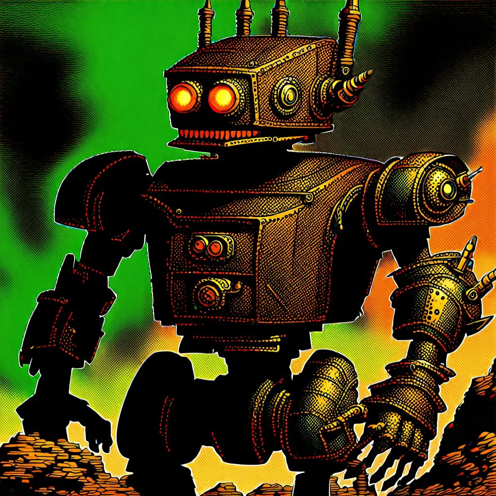 90's TCG art retro fantasy art of scrap robot monster post apocalyptic