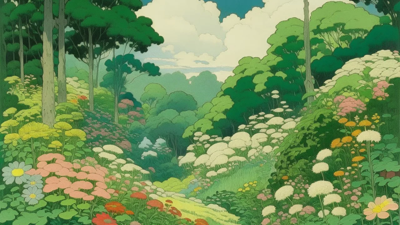 An illustration by Miyazaki and Monet of a landscape of blooming flowers and lush vegetation.