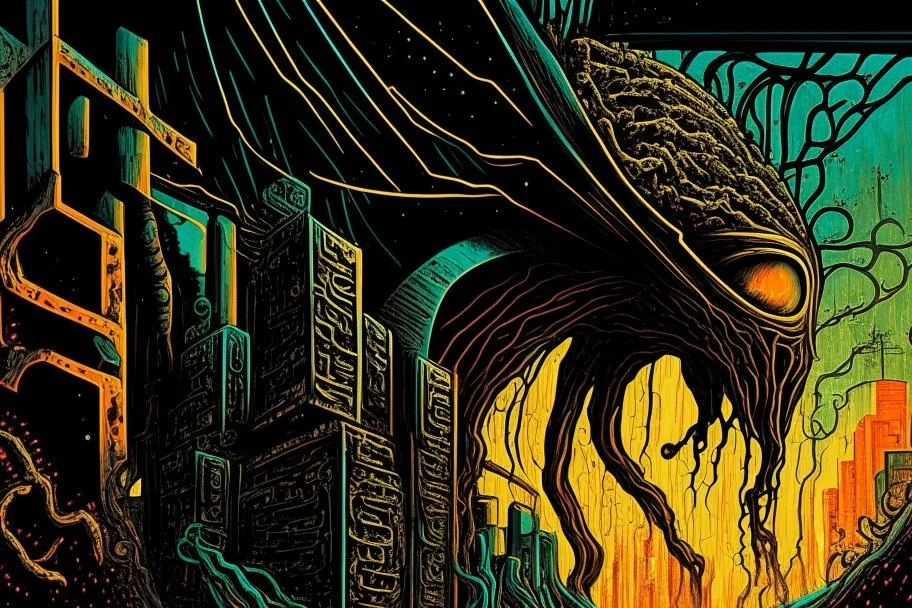 Liminal lovecraftian Abominations, by Phlegm and Jim Starlin, warm colors, stylish, unsettling horror art, vestiges of horror, dark shines war, guided by N(t)=N0​⋅e−kt