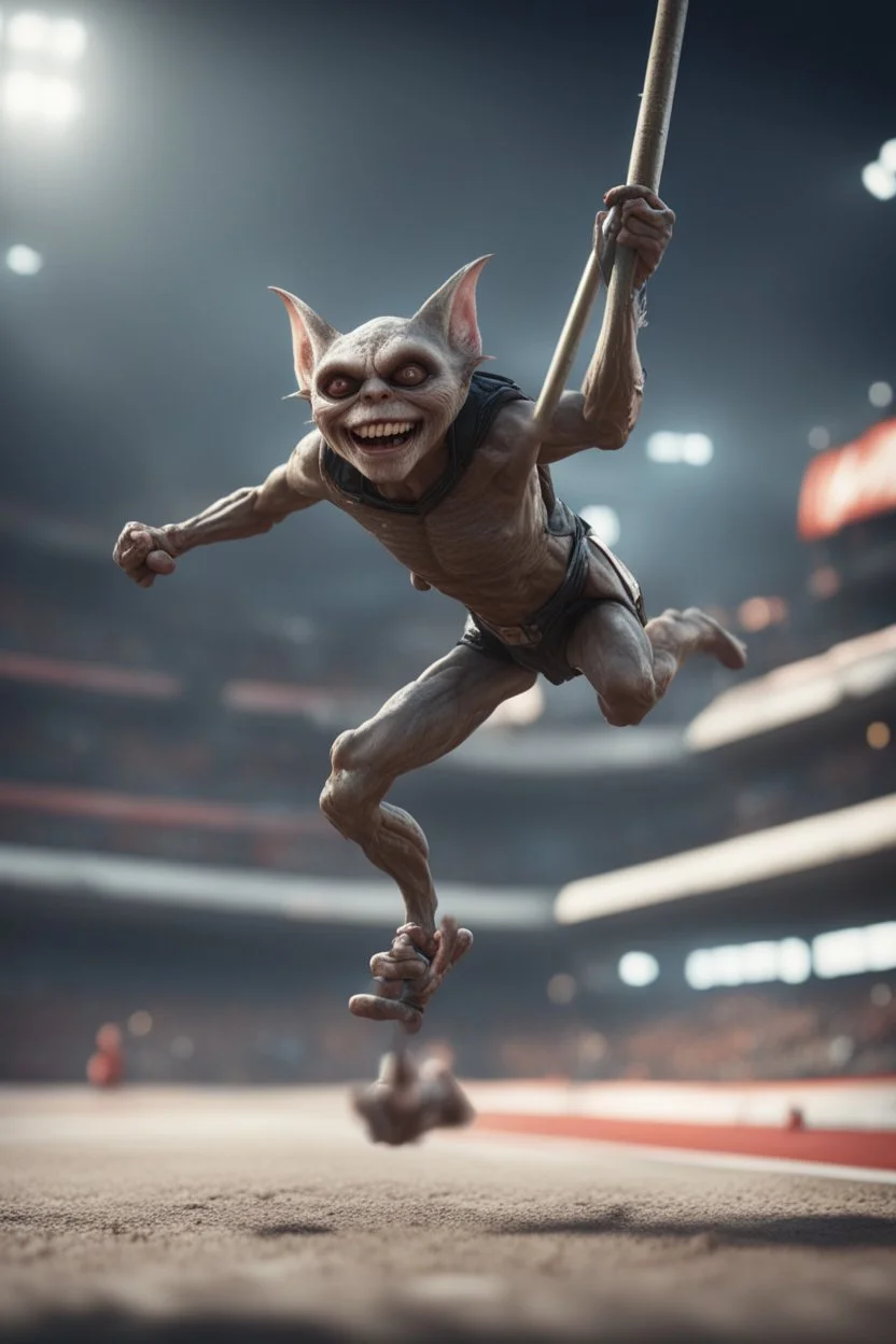 hyper fast gremlin pole vaulting in the Olympics in the style of Giger and fallout 4 ,,bokeh like f/0.8, tilt-shift lens 8k, high detail, smooth render, down-light, unreal engine