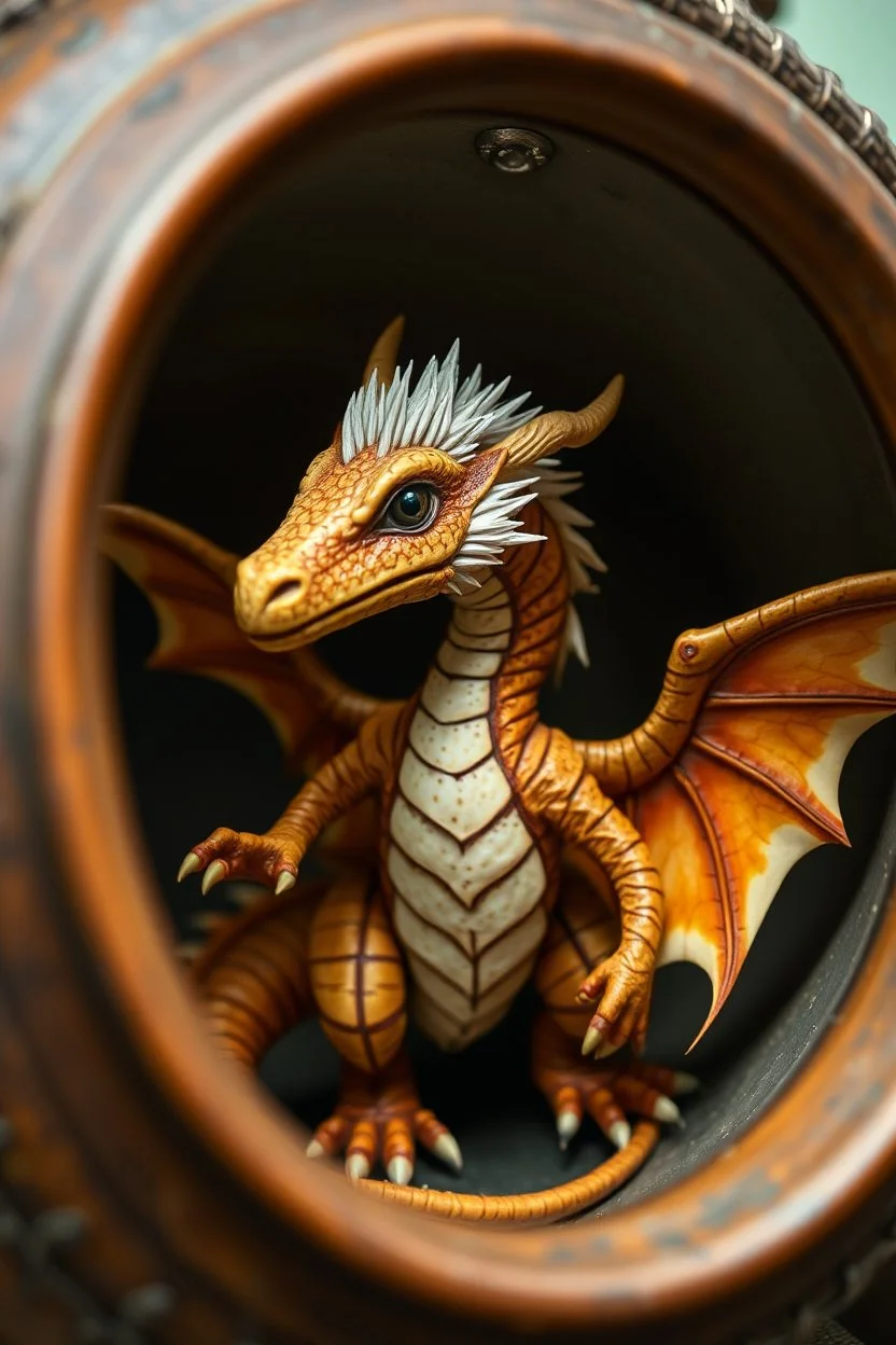 The image depicts a fantastical creature, specifically a dragon, with a unique and whimsical appearance. The dragon is positioned in a circular frame, which suggests it might be inside a container or a vessel. The dragon's body is elongated and has a segmented appearance, with a detailed texture that gives it a realistic look. Its head is covered with white, spiky hair, adding to its fantastical charm. The dragon's wings are large and spread out, with orange and white hues. Dr photo dragon.