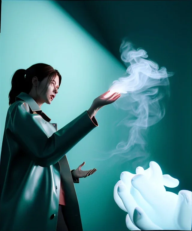 Ultra Realistic image, photo studio, medium shot view, a woman making the fuck off gesture with his hand, blue smoke coming out of his nose and mouth, happy. Latex inflatable coat, soft color, highly detailed, unreal engine 5, ray tracing, RTX, lumen lighting, ultra detail, volumetric lighting, finely drawn, high definition, high resolution.