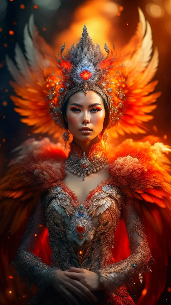 half body wide angle RAW photo, fire queen queen wearing luxurious and ornate clothing, fully covered, opals and floral embellishments, fractal wing texture, winter landscape in the background, beautiful women indonesia face, high detailed skin, phoenix, fire, 8k uhd, dslr, soft lighting, high quality, film grain