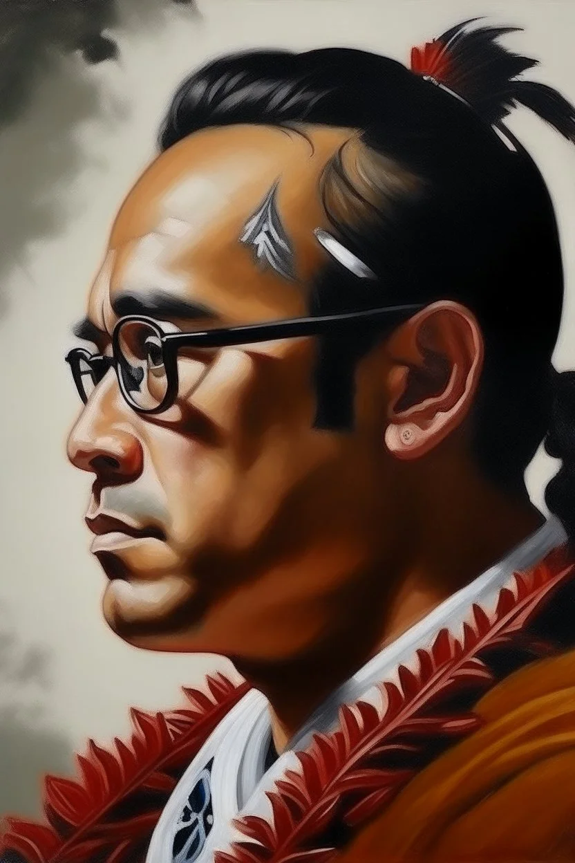 Painting portrait of samoan king young and with glasses, side profile