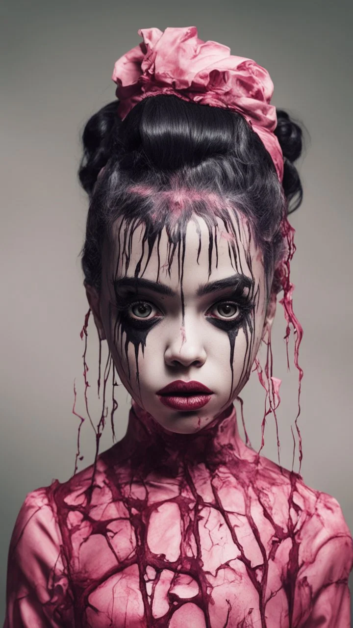 full color, illustration of a darkred and pink tones, menacing, Singer Melanie Martinez face, as a decayed, broken, skin turned translucent, black veins that extended like roots beneath her skin, latex suit, crude homemade cloth doll toy, with a narrow cracked porcelain face, thick dark eyebrows, hair in two gradually, made from ragged strips of cloth, in the style of Alex Pardee, Tim Burton, and Nadya Sheremet