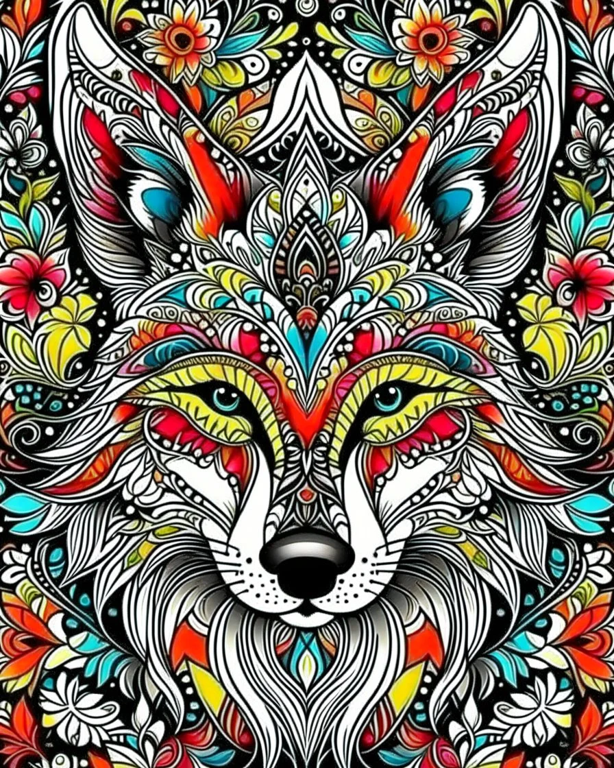 Eurasian wolf ANIMAL Book cover for Adults, mandala, flower, coloerfull