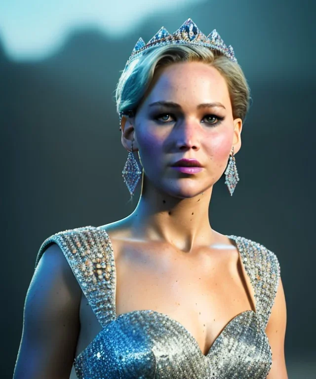 A portrait of a crystalised queen Jennifer Lawrence, atmospheric, realistic, unreal engine, cinematic lighting, octane render,8K, dark,