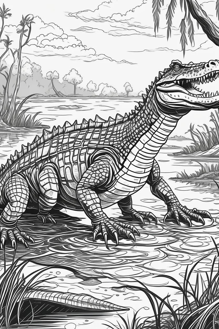 Outline art, no shading, full body crocodile in the river, black and white, low detail, --ar 9:11