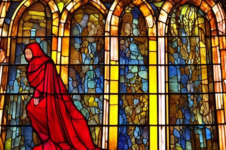 Cloaked woman holding fire on stain glass window