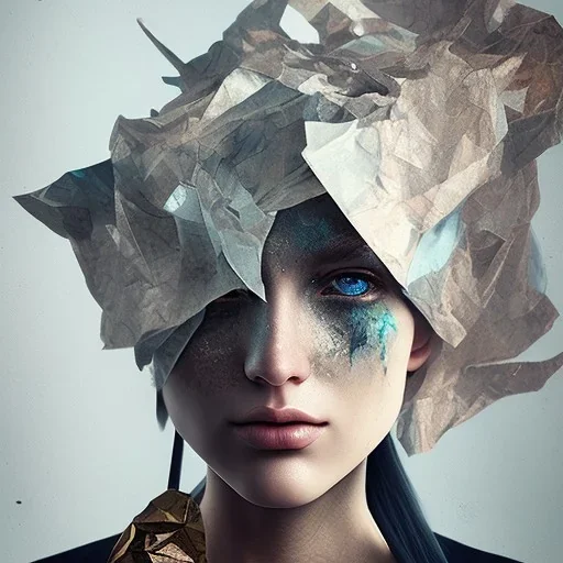 rendered in blender trash bag on his head and crumpled paper as a texture, collage paper and tape, slit - scan photography, high resolution, cinematic, unreal 6, breathtaking detailed