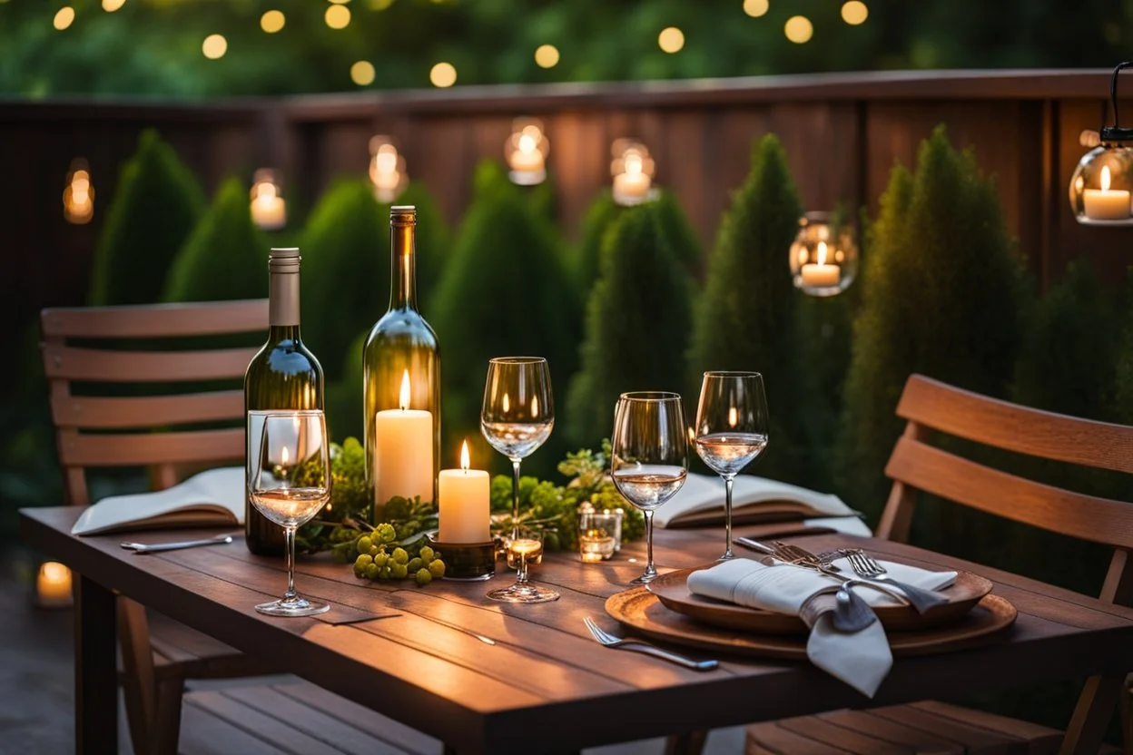 in the nice garden Cozy outdoor dining scene, on the table are lit candles, a bottle wine with two wineglasses, warm and inviting ambiance. in the distance plants, flowers, trees, summer night, high detailed, masterpiece