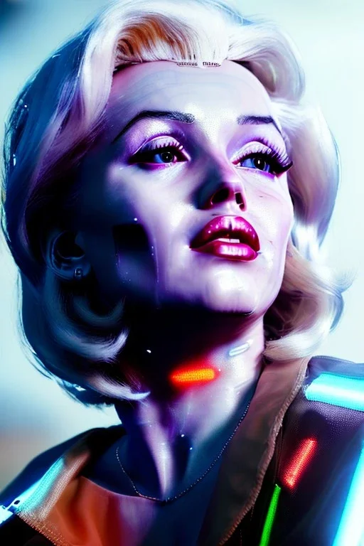 Ultra Realistic image, portrait, blonde woman, sweet Marylin Monroe face, perfect iris, glow eyes, glow makeup. Cyberpunk style, oversized transparent latex coat, yakuza tattoos body. fog, rain, soft color, highly detailed, unreal engine 5, ray tracing, RTX, lumen lighting, ultra detail, volumetric lighting, 3d, finely drawn, high definition, high resolution.