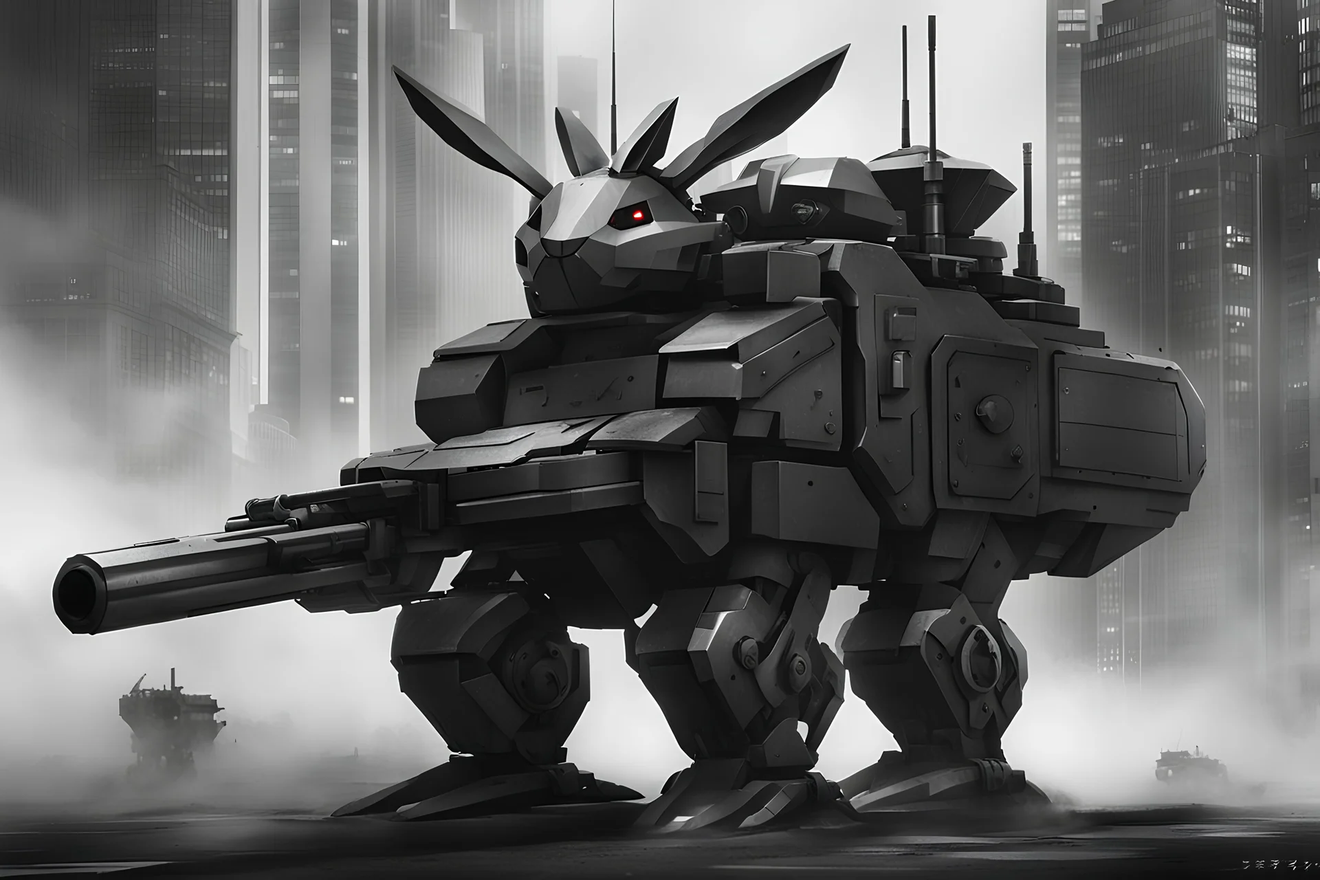 Rabbit mecha. It is black and very tank-like. Photograph.