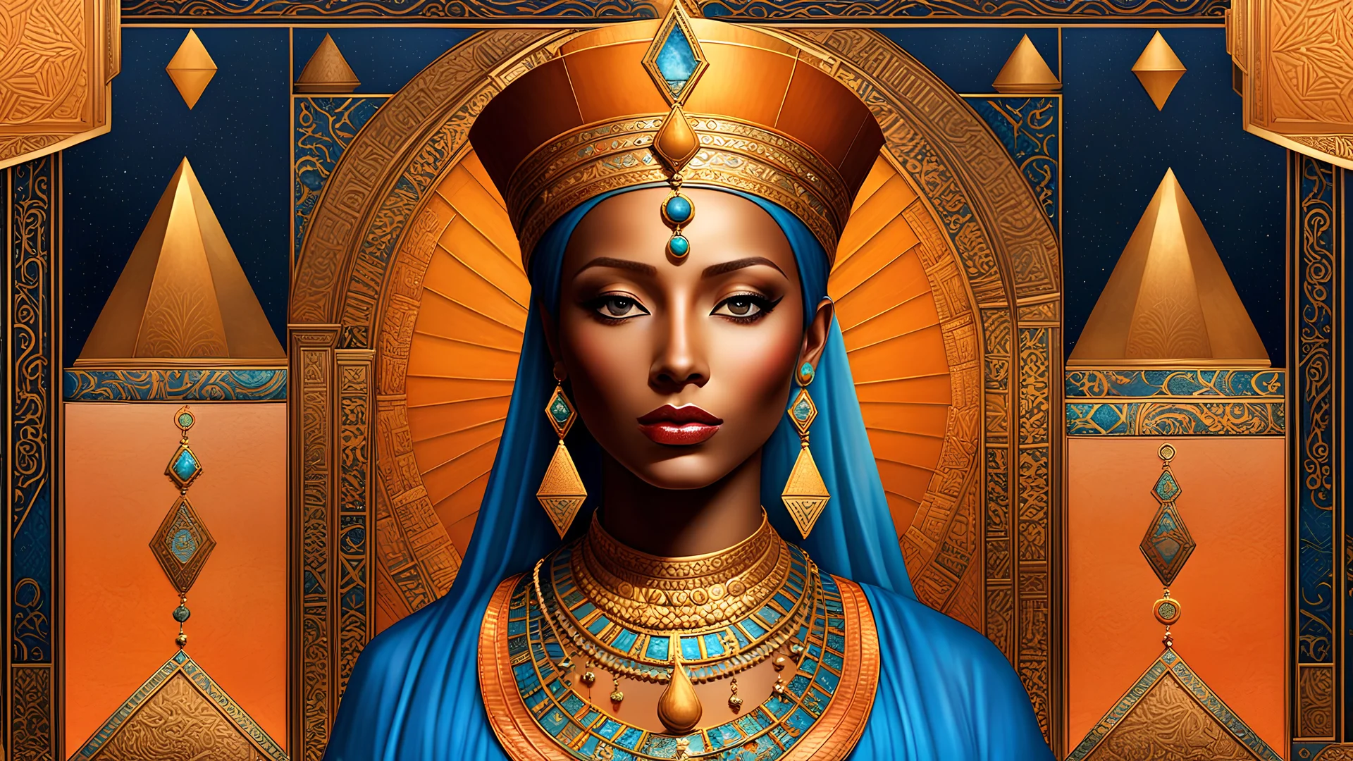 Queen Hatshepsut, the Scent Queen, Frankincense lover, Collected Frankincense for her temple, masterpiece, intricately detailed, high resolution, best quality, absurd, resolution, master-crafted, Mock ui, occult themed, oracle customized deck creator,3 PERSONAS, colorful storytelling, a striking shade of Peach Fuzz, A light, delicate shade that sits between pink and orange, are captivating, detailed atmospheric portraits, detailed character design, dreamlike illustration, flowing textures, in th