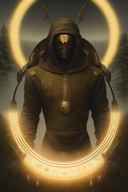 running berserker portrait , no face, black jogging suite , in the night Alps , holding coins , angels background, volumetric gold light, high detail, dark leaf tree, dark mountains in background, perfect, HR Giger style