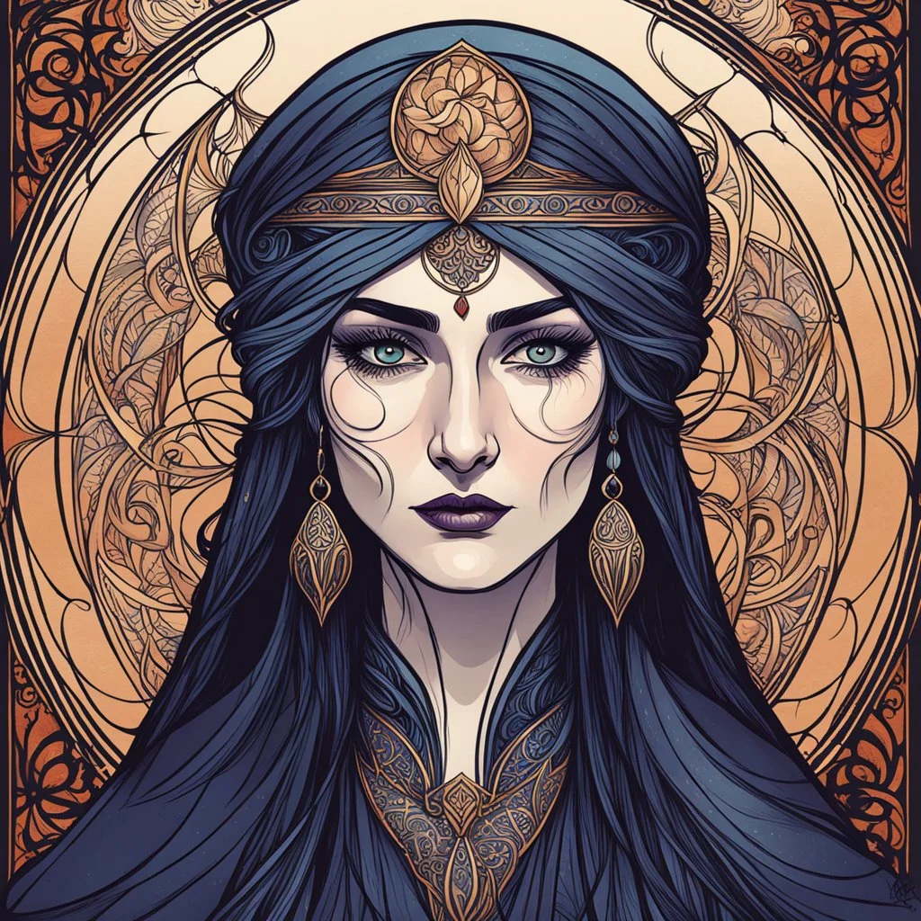 create an ethereal, darkly magical art nouveau illustration of an epic aged female Andalusian sorceress with highly detailed and deeply cut facial features, in the style of CHARLES RENNIE MACKINTOSH, combined with searing lines and forceful strokes, precisely drawn, boldly inked, and darkly colored