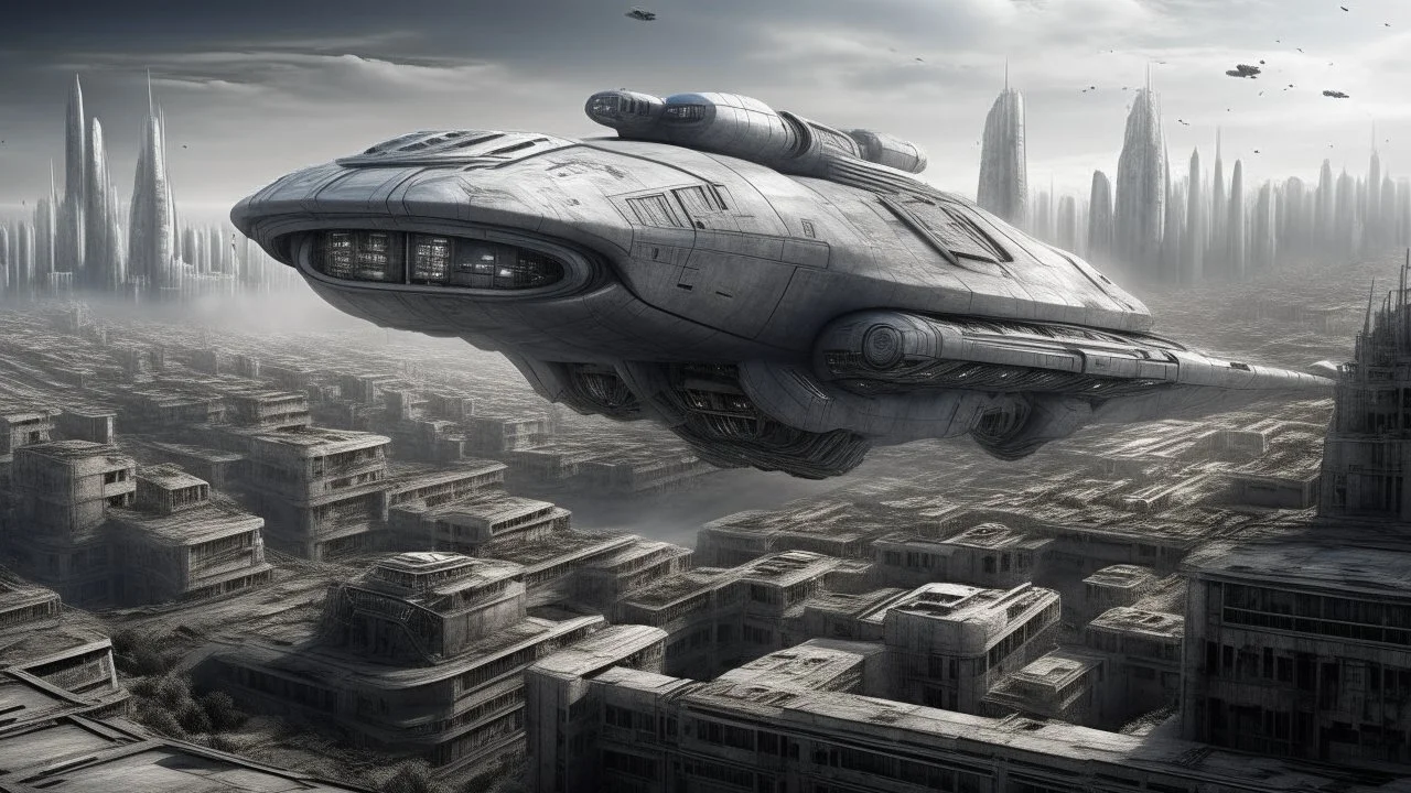 a photorealistic sleek silver spaceship flying over a ruined city