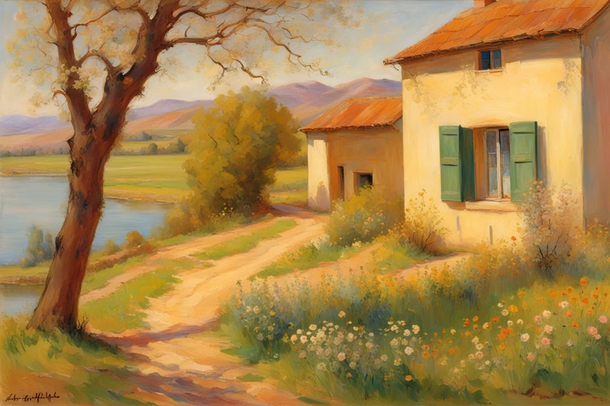 sunny day, mountains, trees, dirt road, flowers, spring, river, countryside, adobe house, friedrich eckenfelder and hans am ende impressionism paintings