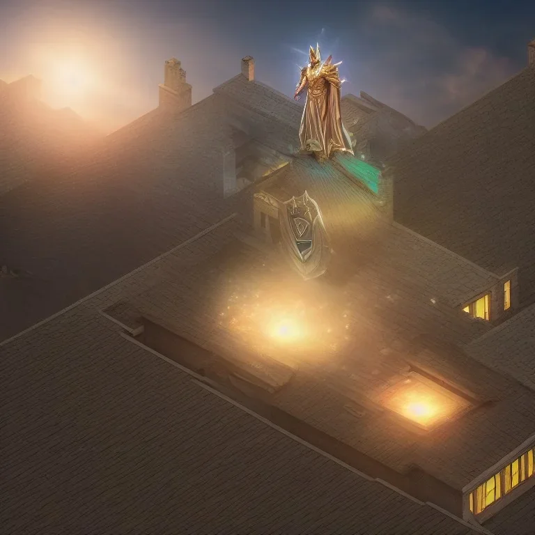 Rooftop medium view of a Giant Paladin projecting a hologram of a shield covering a Home, 8k resolution, high-quality, fine-detail, detailed matte, volumetric lighting, illustration, greg rutowski,