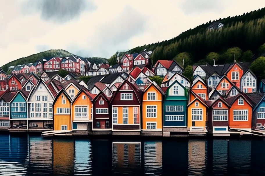 Colored pencil drawing, Very detailed, Realistic, Drawing of the colorfull houses in the city Bergen in Norway. Colorfull, professional, detailed, pencil strokes, calm composition, zoom out.