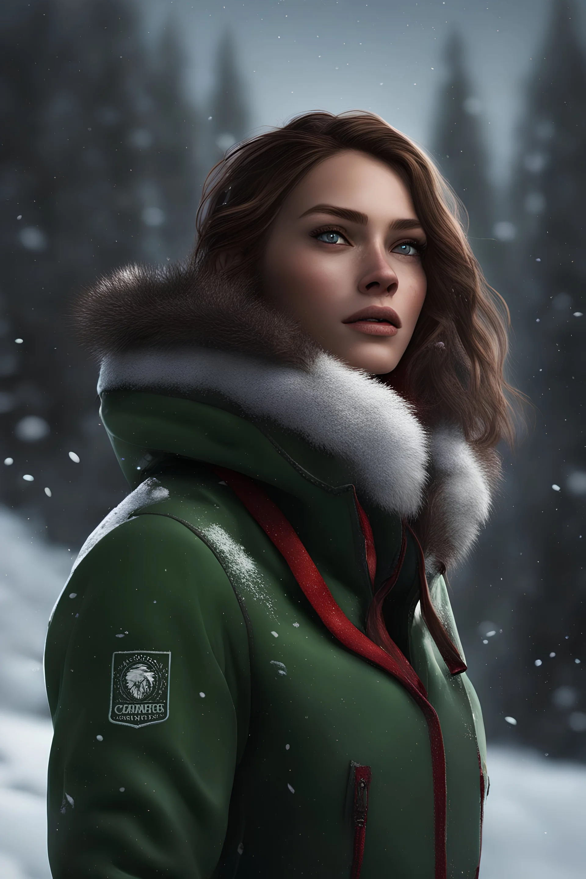 style by (Carmen Saldana:2.5),unique ultrarealistic Christmas Atmosphere,Dynamic Angle,Cinematic Lighting,snowfall detailed winter masterpice,splash art,<lora:add-detail-xl:1.4>, windy epic arctic,expedition,snowmobile perfect freckles face,green eye,professional make-up,mesmerise 1girl selfie,Huge Detailed Scene