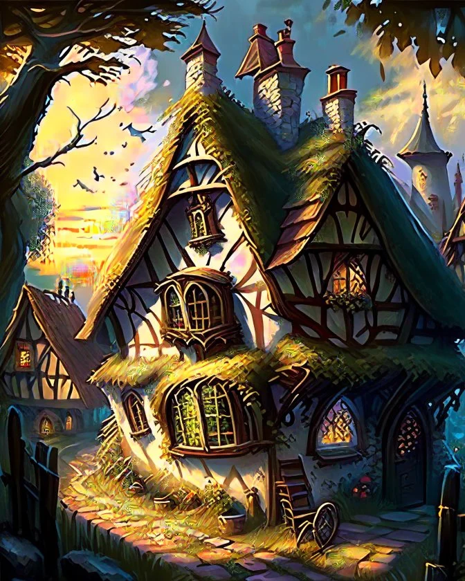 medieval fantasy thatched roof cottage town with stained glass window buildings fairytale rpg art