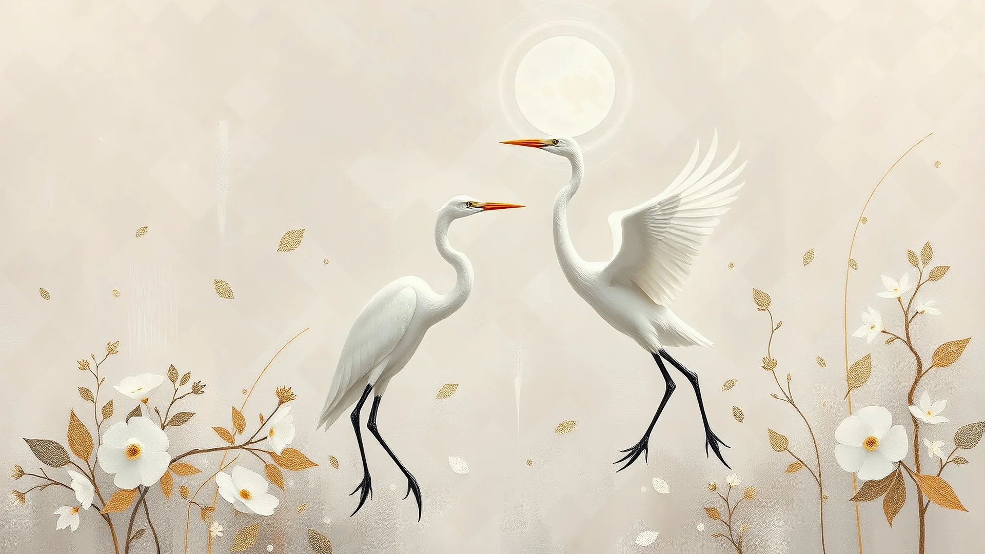 minimalism bauhaus,white, silver, gold, light pastel colors,magic lighting,Abstractist gestural painting of the dance of the egret's in the Moonlight. Shades of white. The background is a mix of gestural brushstrokes and floral patterns. Minimalist, grainy Silver/gold accents.