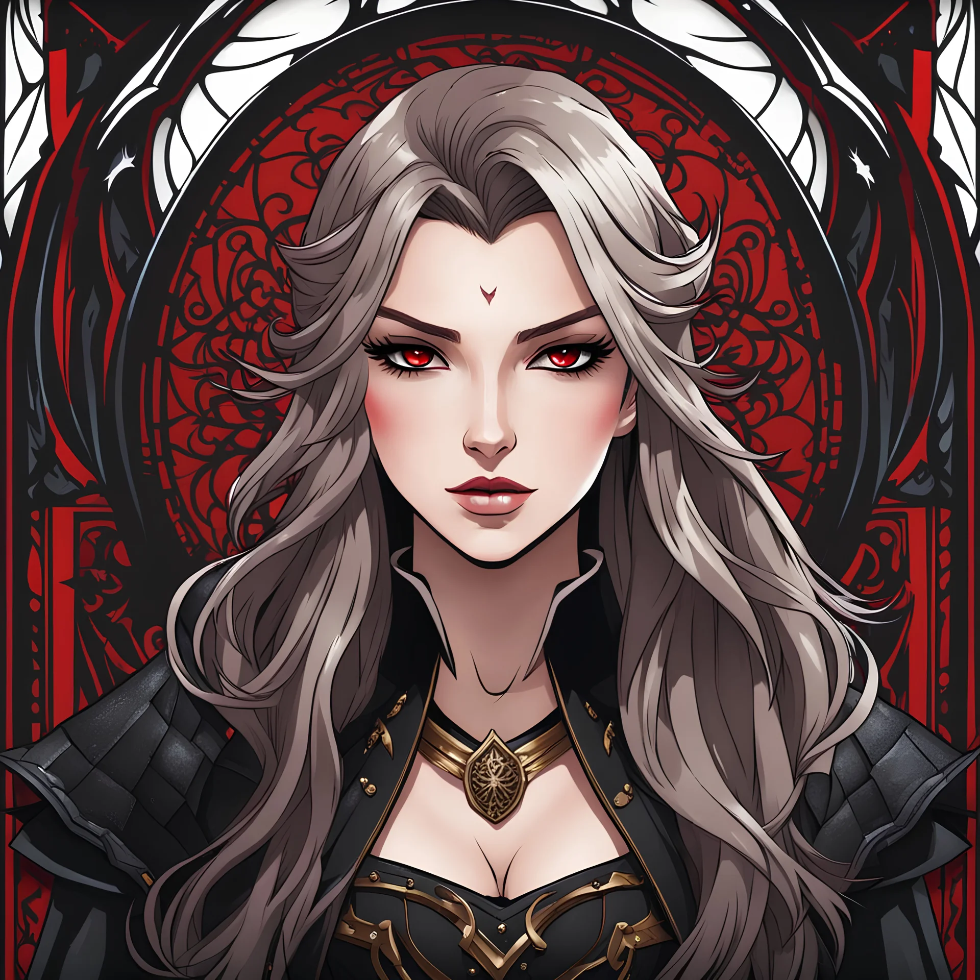 Icon or avatar. An arrogant looking young woman with pale skin and long brown hair in a stormy dark fantasy setting with intricate details. She is smirking, wearing black and read leather, has red eyes, an air of malevolent power surrounds her. Anime style. High definition.