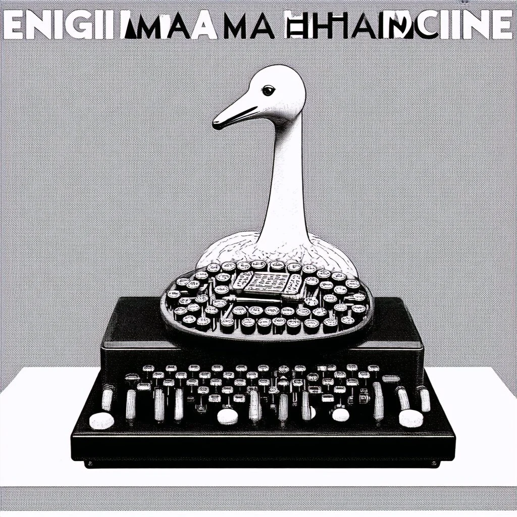 make a modernist surreal image with a text= "ENIGMA MACHINE", deconstructivism, digital photography, anthropomorphic long-necked marshmallow enigma with a maze for a head, op art, metaphoric, nihilistic, dark negative space, high contrast, artistic, fantastical