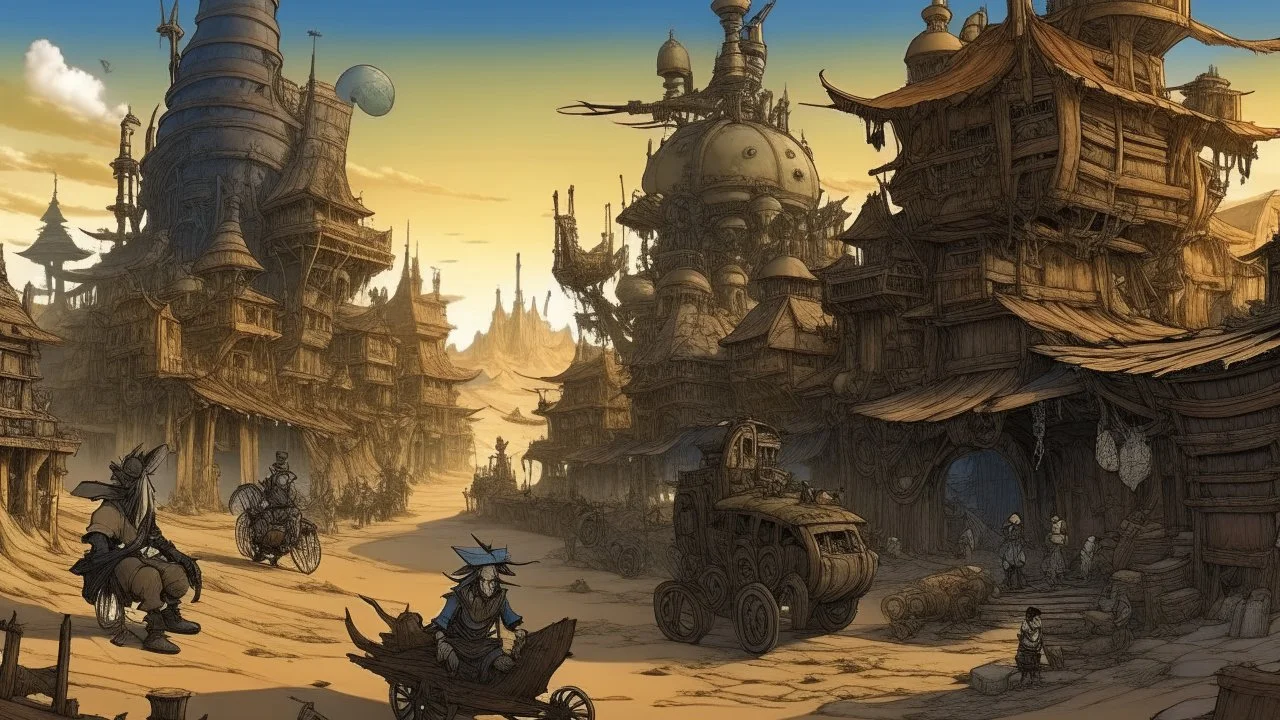 A post-apocalyptic anime-style desert town where traders ride on mechanical beasts, reminiscent of steampunk technology. The town is chaotic, with buildings in disarray and a mix of natural and artificial elements. The traders are dressed in survival-themed attire, with goggles and protective clothing. The mechanical beasts have a combination of metal, wood, and fabric, with intricate designs and glowing parts. The sky is filled with a mix of dark clouds and smog, creating a sense of unease and