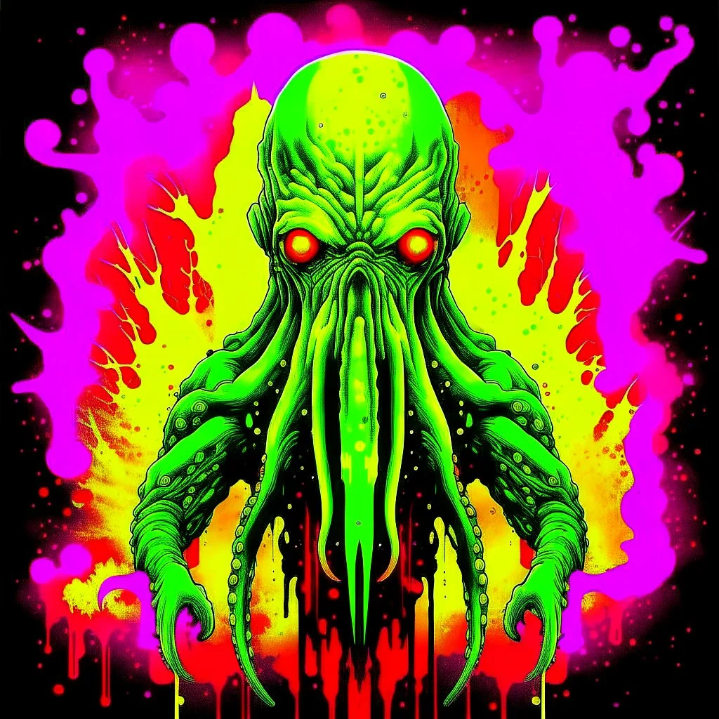 Exponential Cthulhu paradigm shift, surreal, by Butcher Billy and Jim Dine, acid wash mind-bending illustration; asymmetric, warm neon colors, shine burn, atmosphere guided by N(t)=N0​⋅e−kt