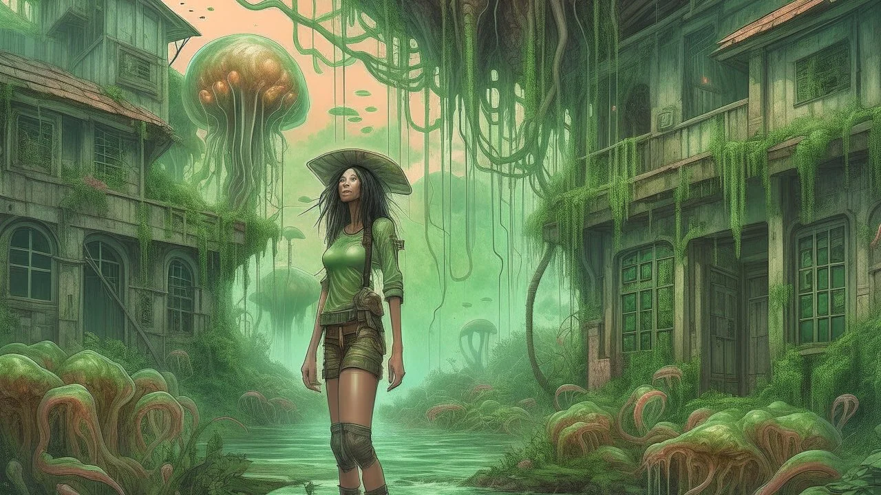 floating alien mushrooms with jellyfish tentacles, rampant foliage, vines, and Spanish moss, next to derelict buildings, a woman with black hair in a ponytail, camouflage trousers and jacket, photorealistic, Intricate Detail