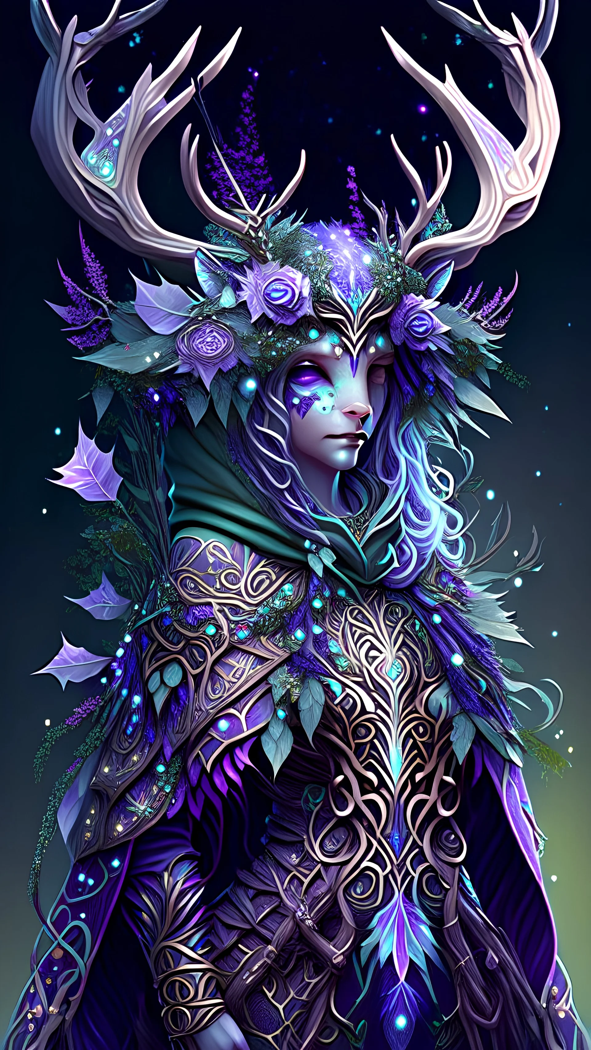 Huge Monster Multiarms, six arms, hoodie, cover face, crystal sword, crystals arm, galaxy face, solo leveling shadow artstyle , high details, intricate details, highly detailed.a whimsical, forest-dwelling "Dream Faun". With an enchanting appearance adorned in floral motifs and antler-like horns, she embodies grace and innocence. As a mage-jungler, her abilities center on dreams, weaving magic to damage and control her foes, reflecting her connection to nature.