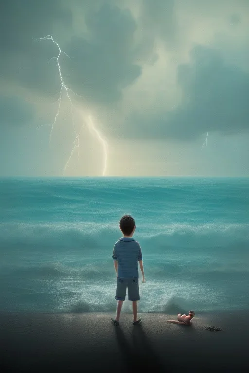 young boy looking out to sea with another man laying down behind him, dark clouds overhead, lightning, shopping trolley on side, dusk