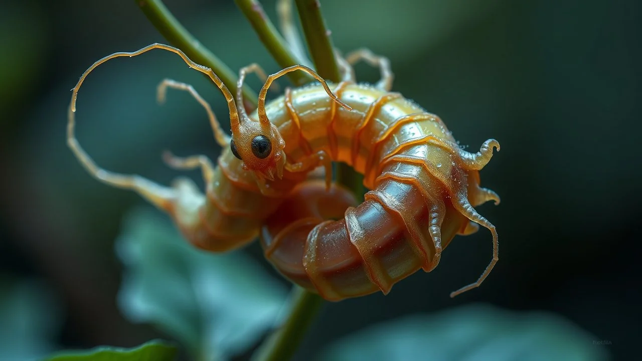 A parasitic creature with shimmering iridescent scales, coiled around a host plant, its tendrils reaching out to drain the life force from its victim.