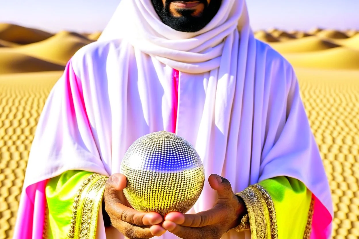 A sheikh dressed in Arab dress holds a palm-sized pearl, silky and shimmering in the desert sunlight.