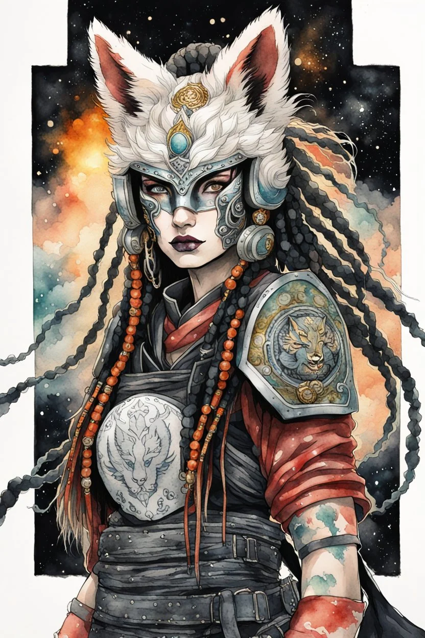 front facing watercolor portrait illustration of a gothpunk armored female kitsune vampire mercenary , beaded dreadlock hair, wearing an ancient ornate japanese kitsune mask , and shemagh, highly detailed with gritty post apocalyptic textures, caught in a cosmic maelstrom of swirling gases , finely detailed facial features and hair, in the graphic novel style of Bill Sienkiewicz, and Jean Giraud Moebius, ink wash and watercolor with realistic light and shadow