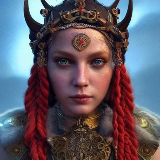 highly detailed beautiful girl viking queen portrait, red glass armor, blue delicate braided hair, green facial paint, cinematic lighting, 4k, 8k, octane render, digital concept art, trending on artstation, pinterest, extremely detailed, ambient lighting.