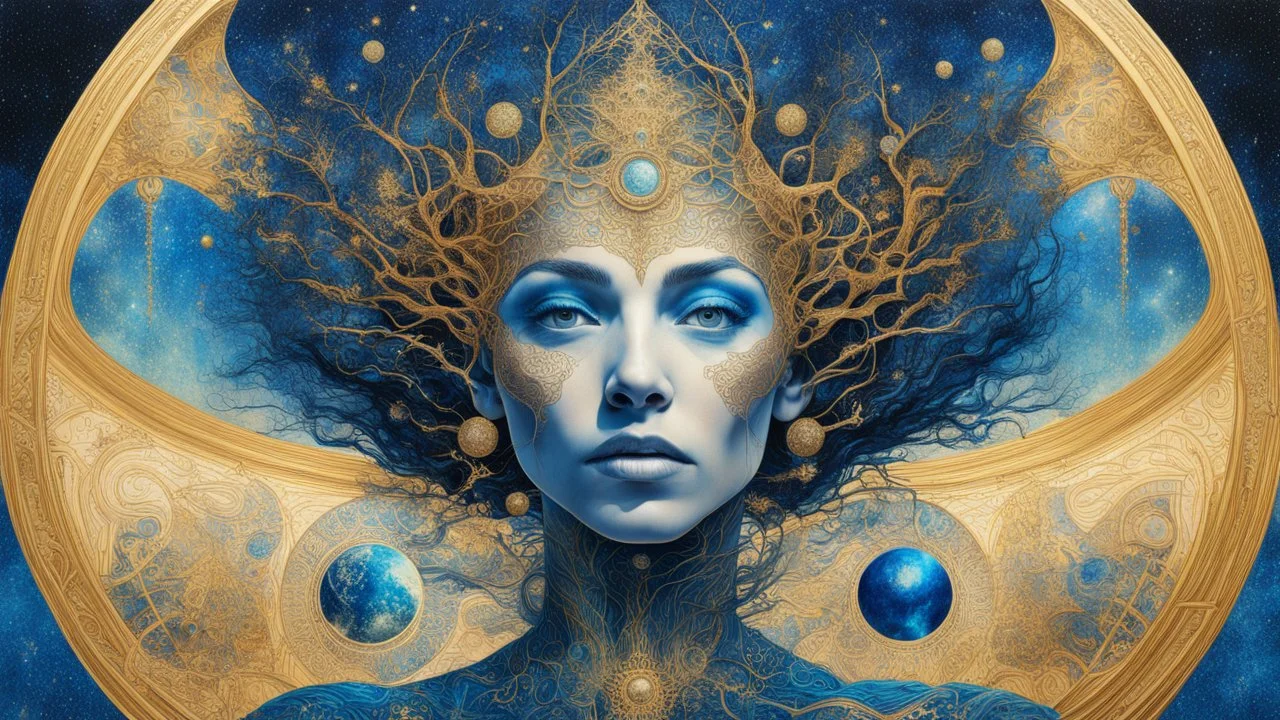 Universe, Galactic space portrait of a woman, roots, inspired by architecture, crazy details and double exposure in fantasy art, gold, glitter, blue, fine art, hyper-detailed main society, fine rendering, sharp drawing, vibrant colors