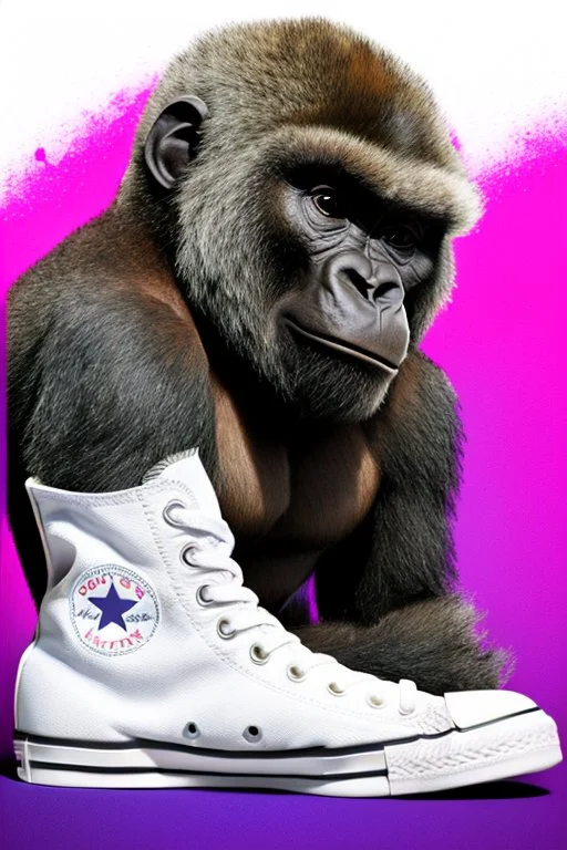 a profile picture of a small gorilla sitting in a purple Converse sneaker, like it's a car, comic style