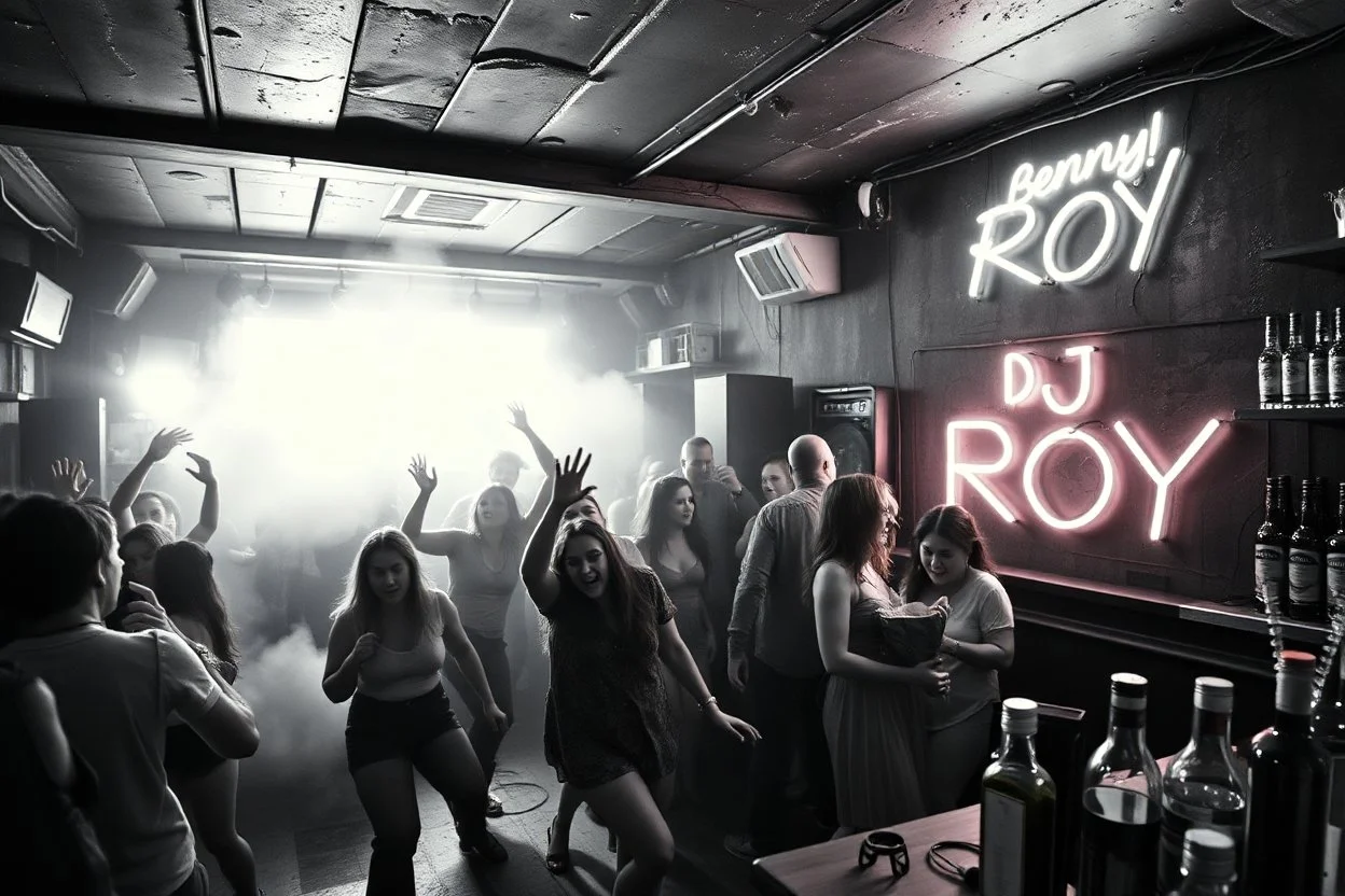 dans golv på en nedsliten sunkig techno club, många personer som dansar, yppiga kvinnor, scen rök och ljus strobes, svartvit bild, en del personer ser in i kameran och skriker: "Benny!" och en Neon Skylt med texten "DJ ROY" på väggen, DJ Roy skriker rätt in i kameran, öppen mun, mycket flaskor och glas i baren