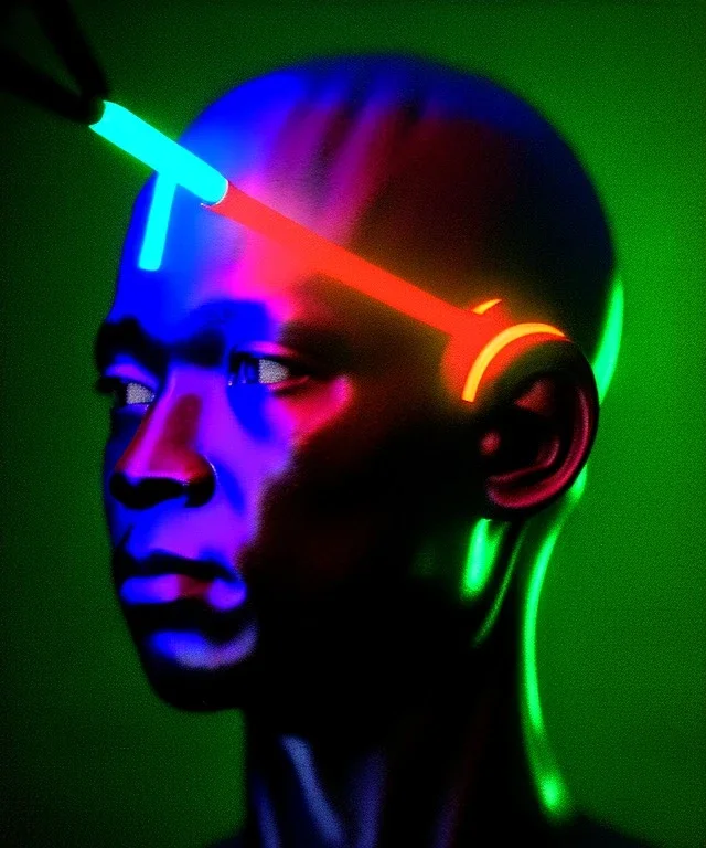 Ultra realistic photographic night portrait, cinematic, African woman, shave head, <hanging wires> <retro monitor> many wires coming out of the head <perfect pupil> <cyborg arm> <garage> <wide angle Shot> <steampunk> <thriller>, led lights, color fog, soft color, highly detailed, unreal engine 5, ray tracing, RTX, lumen lighting, ultra detail, volumetric lighting, high definition.