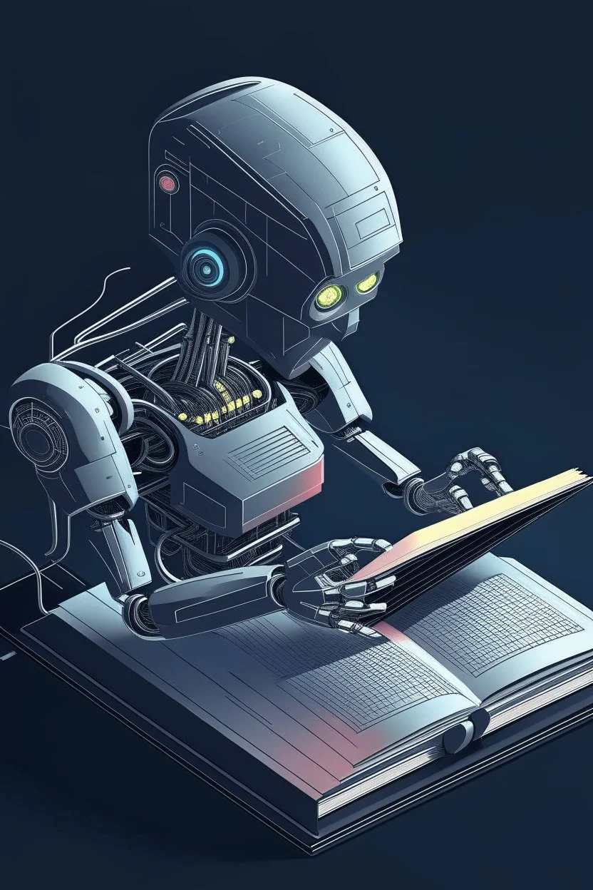 generate a front cover simplistic illustration representation of Ai metalic bot editing a book