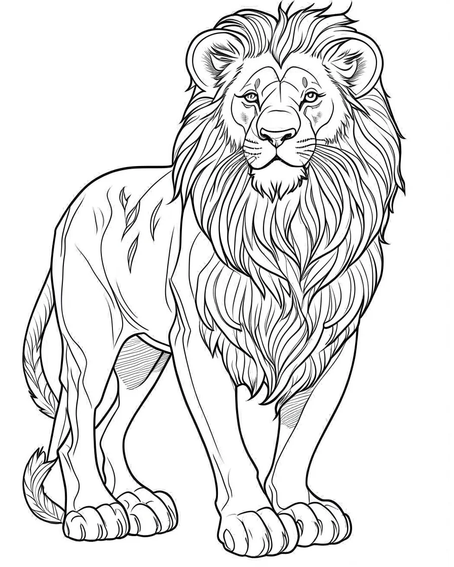 A Lion coloring page, full body (((((white background))))), only use an outline., real style, line art, white color, clean line art, white background, Sketch style