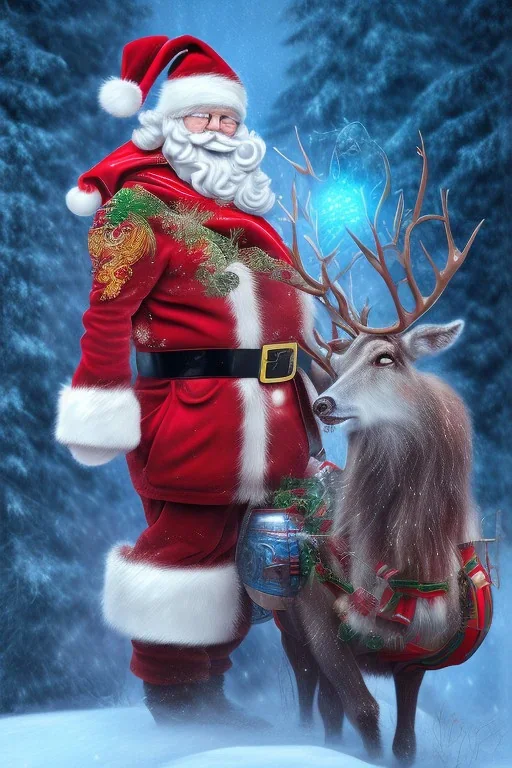 Santa, reindeer, waterfall, white fire, red green blue, high definition, ultra 8 k, liquid lighting, fire, rain, realistic