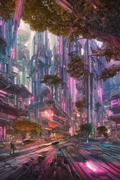 A Epic tree carved into cyberpunk city, building both side of road, dusk, masterpiece , art by jorge pardo, photorealistic, pinkish color, meditative vibe, ornate, wide view