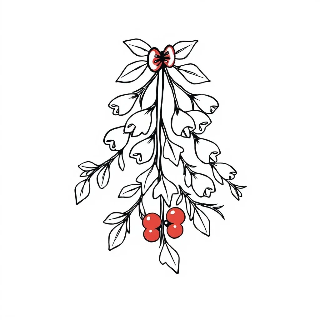 A black and white cute drawing of beautiful mistletoe. Only outline, white background,for kids