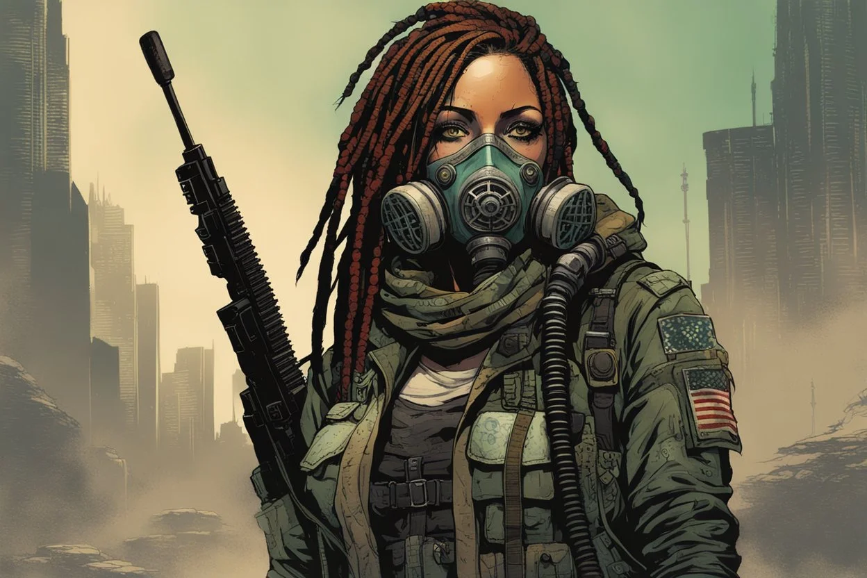 front facing full length portrait illustration of a grunge armored female with beaded dreadlock hair cyberpunk vampire mercenary with gas mask, telecommunications headset, and shemagh, highly detailed with gritty post apocalyptic textures, toxic irradiated landscape, finely detailed facial features and hair, in the graphic novel style of Bill Sienkiewicz,