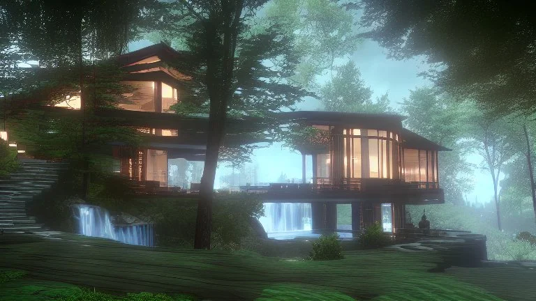 modern house by a big water falls in a karstic montain rain forest idea en construccion